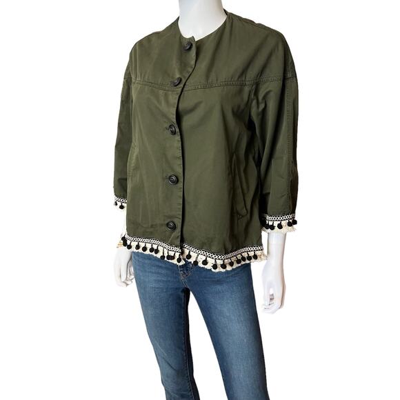 Zara Olive Army Green Twill Pom Pom 3/4 Sleeve Lightweight Jacket, XS - Picture 2 of 7